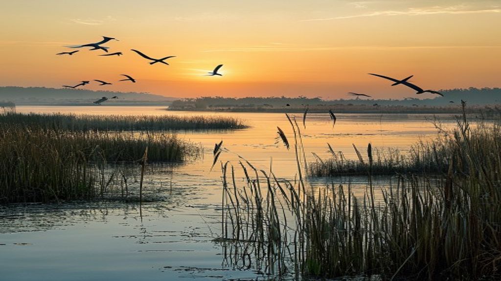 Étang de Vendres avec roselière et oiseaux