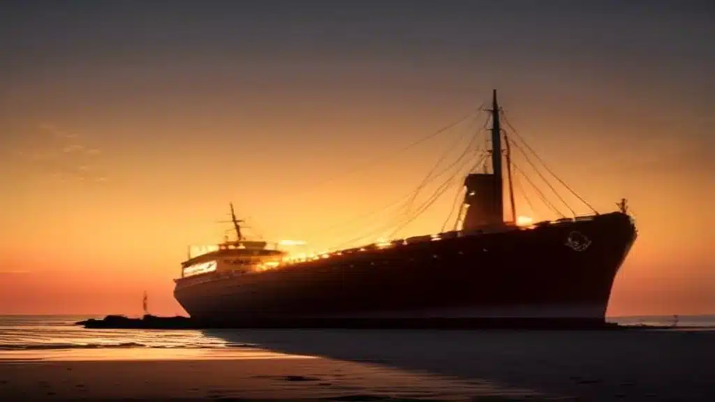 Le Lydia, paquebot ensablé sur la plage du Barcarès au coucher du soleil