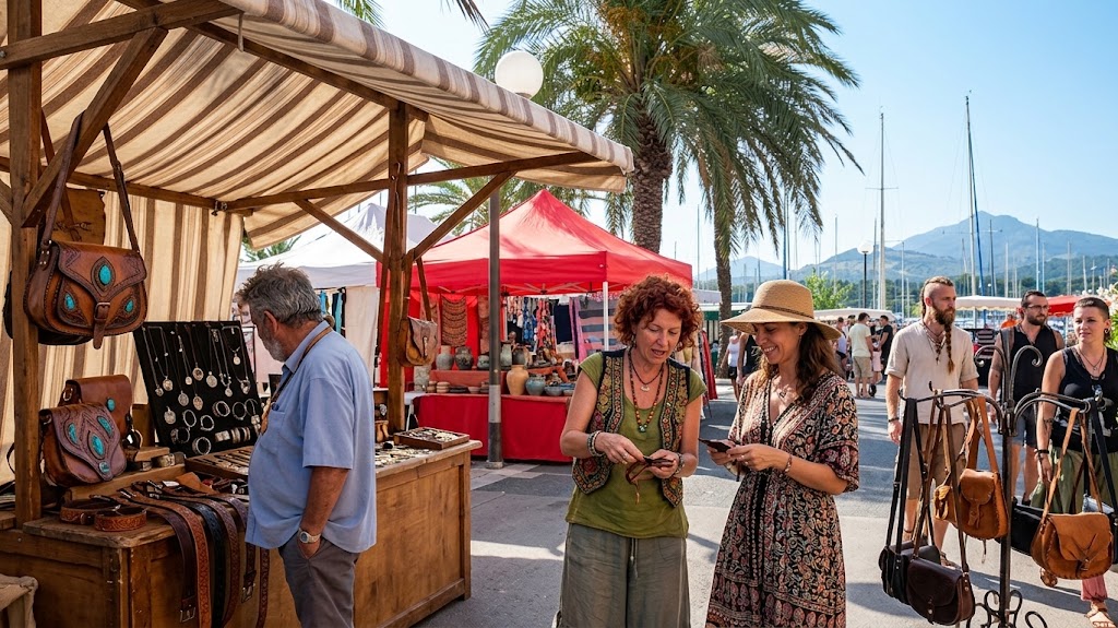 Stands d’artisans, maroquinerie et bijoux, sur un marché en bord de mer
