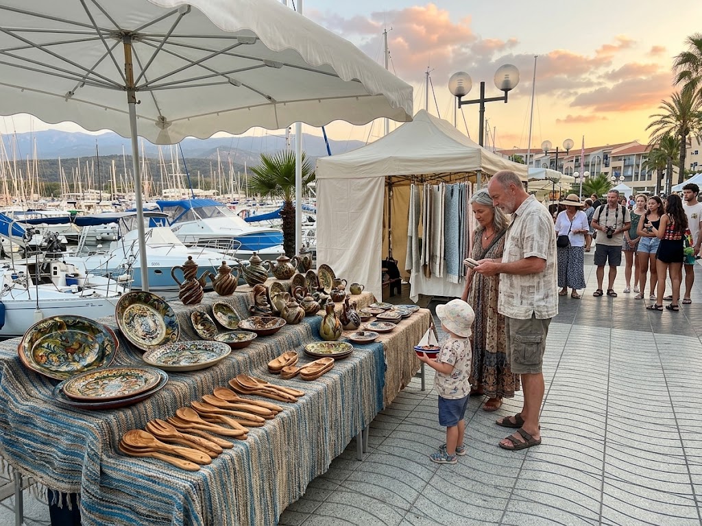 Stand de poteries et d’ustensiles en bois sur les quais d’un port, au coucher du soleil