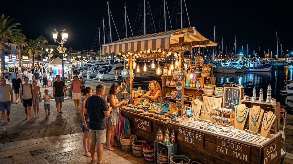 Stand d’artisanat local et de bijoux faits main sur les quais d’un port, de nuit