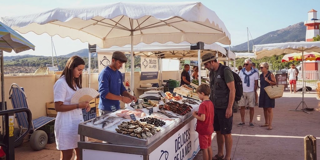 Étal de poissons et de fruits de mer sur un marché près du port