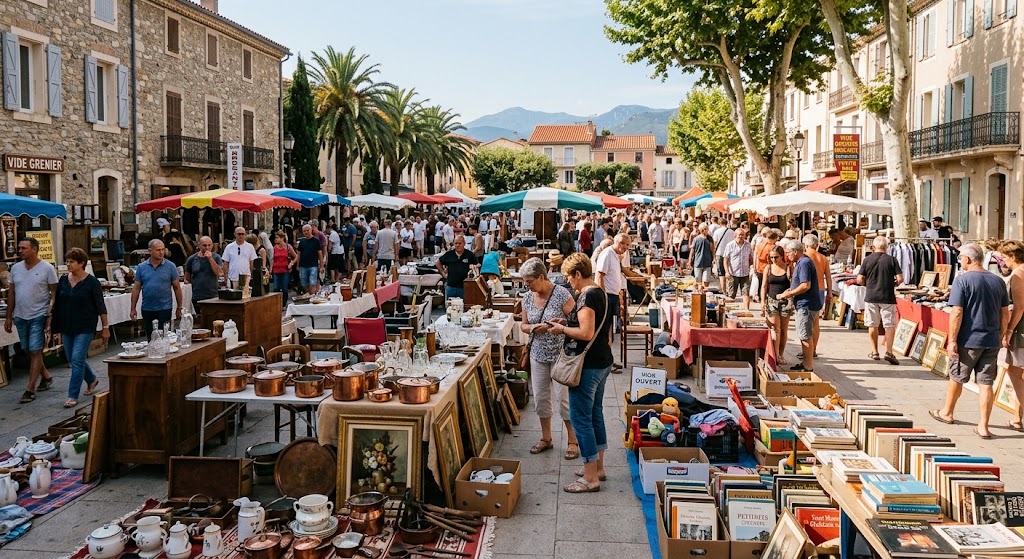 Vide-grenier sur une place de village, stands de vaisselle, cuivres, livres et tableaux